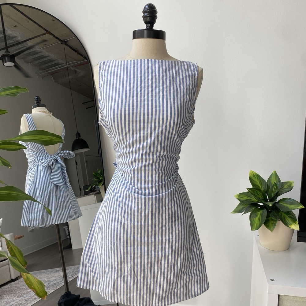 Cider Blue & White Striped Mini Dress Boat Neckline Size Medium Coastal Fall Tie